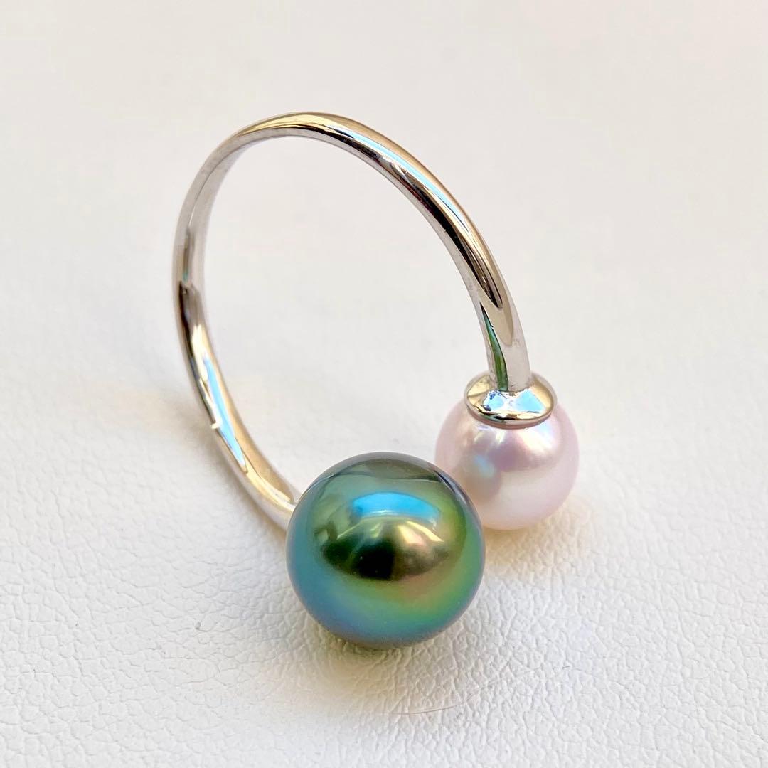 本真珠南洋黒蝶真珠とあこや真珠　ピーコック&ピンク無調ダブルリングY1047