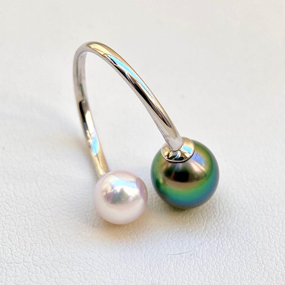 本真珠南洋黒蝶真珠とあこや真珠　ピーコック&ピンク無調ダブルリングY1047