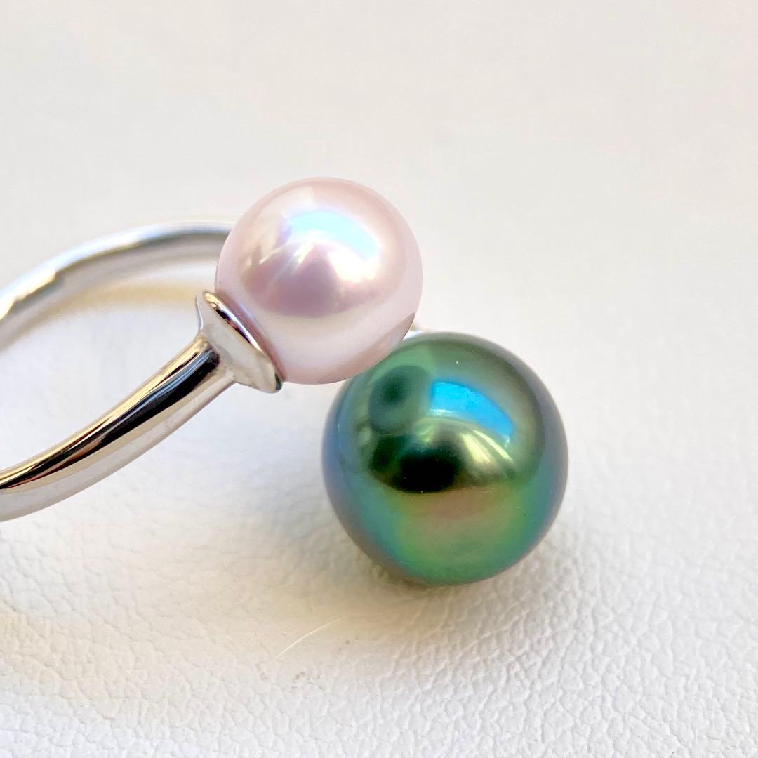 本真珠南洋黒蝶真珠とあこや真珠　ピーコック&ピンク無調ダブルリングY1047