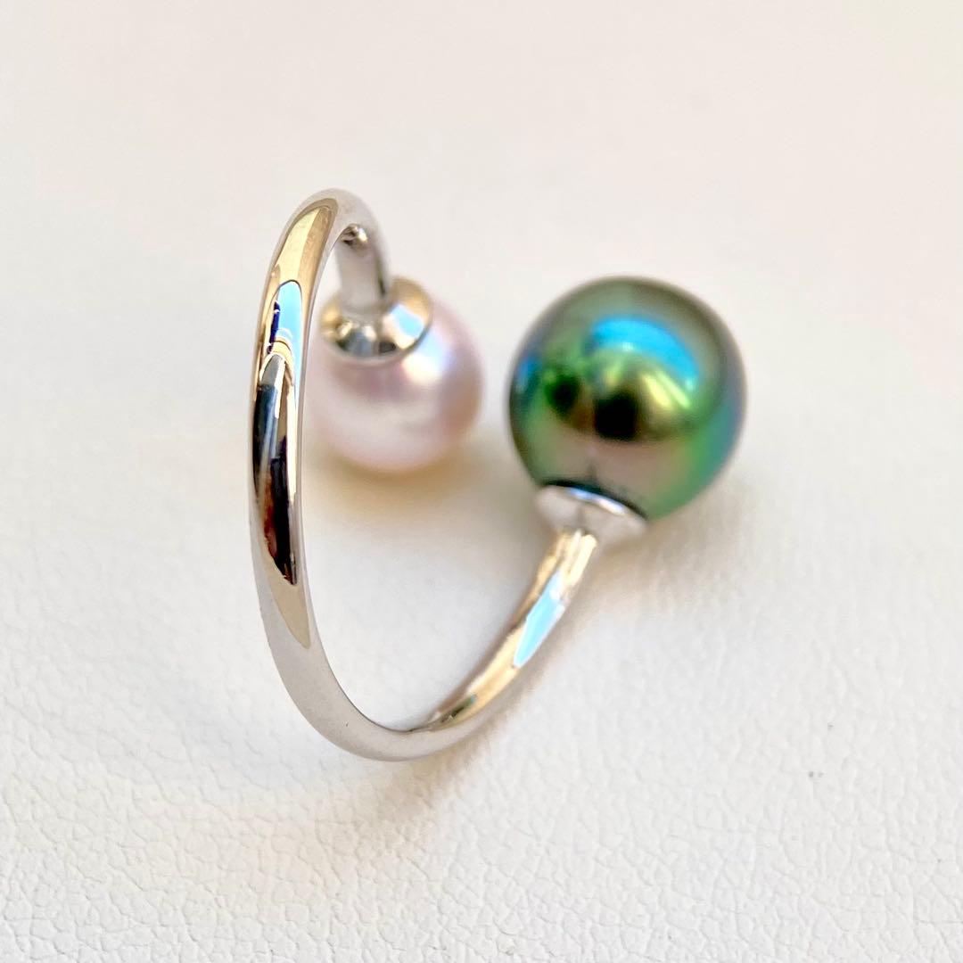 本真珠南洋黒蝶真珠とあこや真珠　ピーコック&ピンク無調ダブルリングY1047