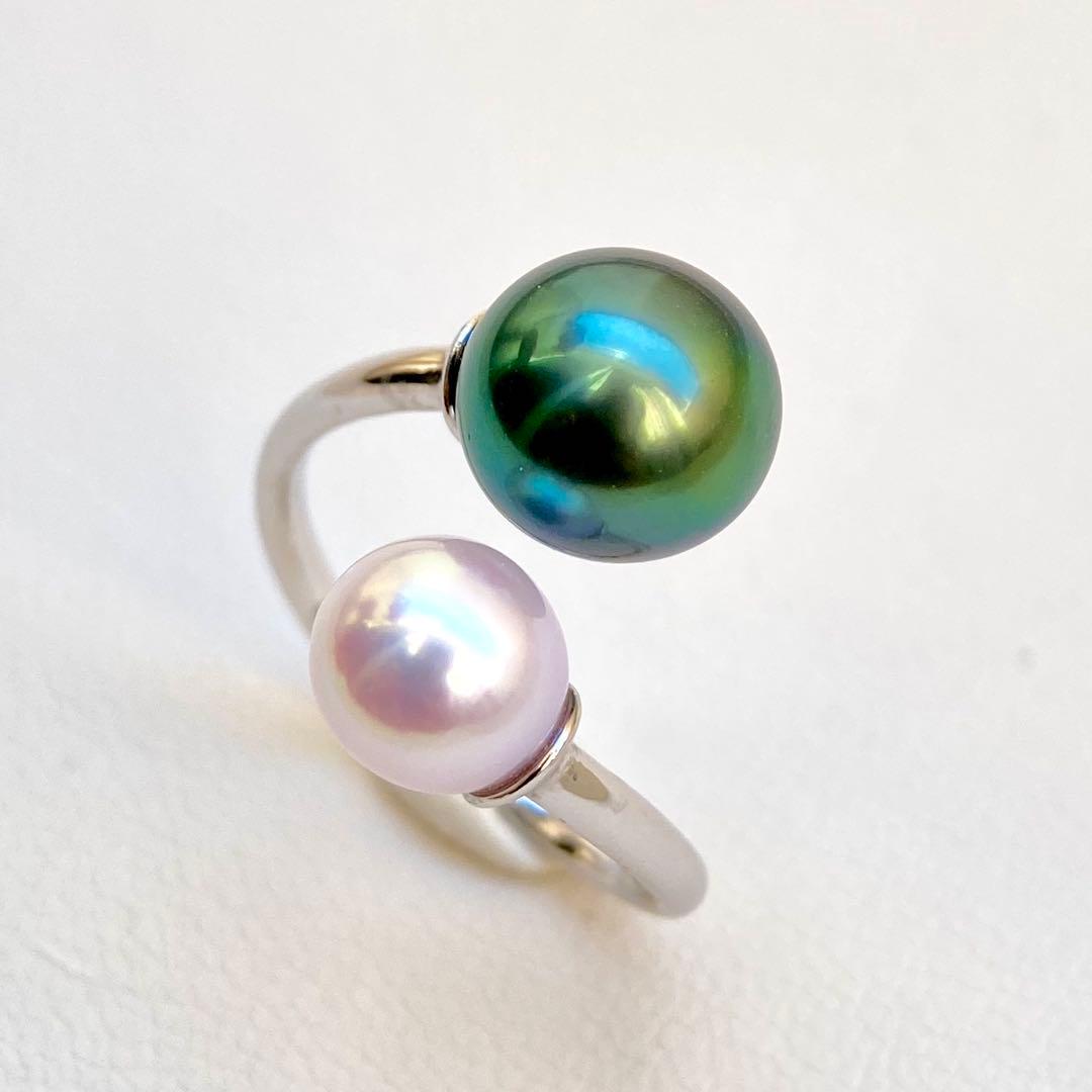 本真珠南洋黒蝶真珠とあこや真珠　ピーコック&ピンク無調ダブルリングY1047