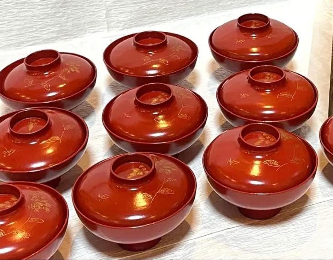 時代物 漆器 本珠 吸物椀 蓋付き 10客セット 木箱付 アンティーク171