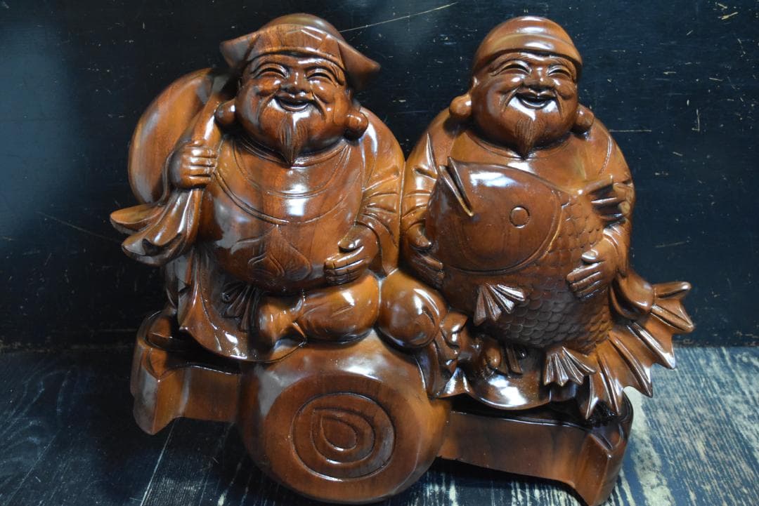 h*a様 七福神　大黒天　恵比寿　木彫り　木製　大型　置物　約W45㎝、H40㎝