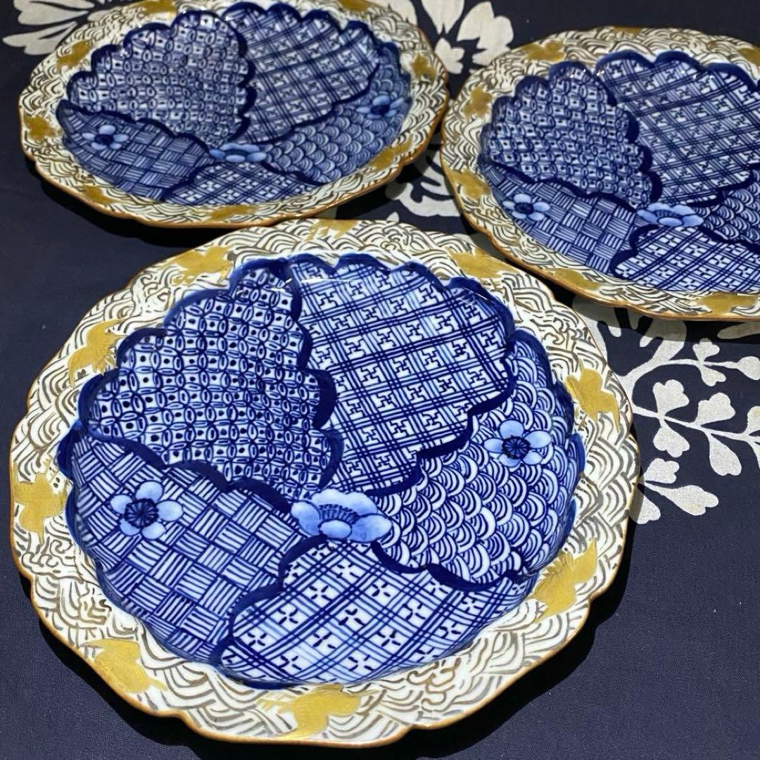 京焼　平安京泉　馬場京泉　祥瑞柄輪花皿　吉祥柄　金彩・銀彩　青海波・七宝・3枚