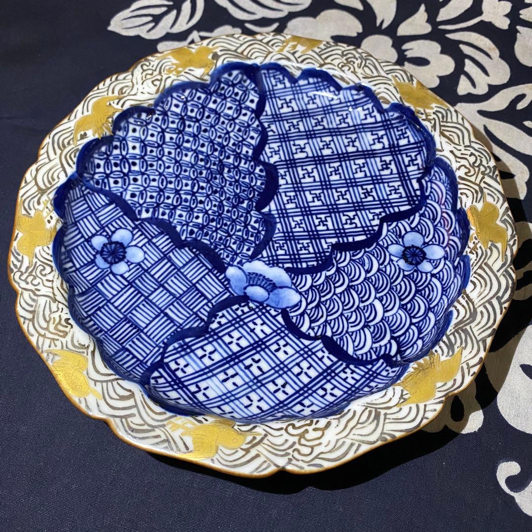 京焼　平安京泉　馬場京泉　祥瑞柄輪花皿　吉祥柄　金彩・銀彩　青海波・七宝・3枚