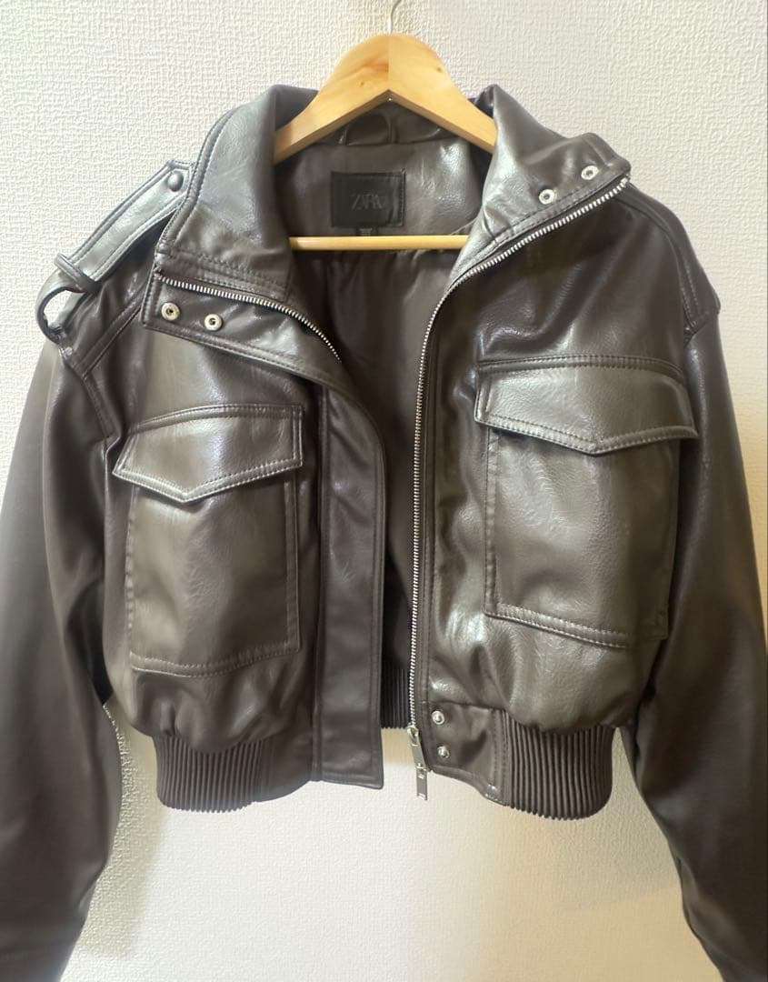 ショートフェイクレザージャケット ダークブラウン