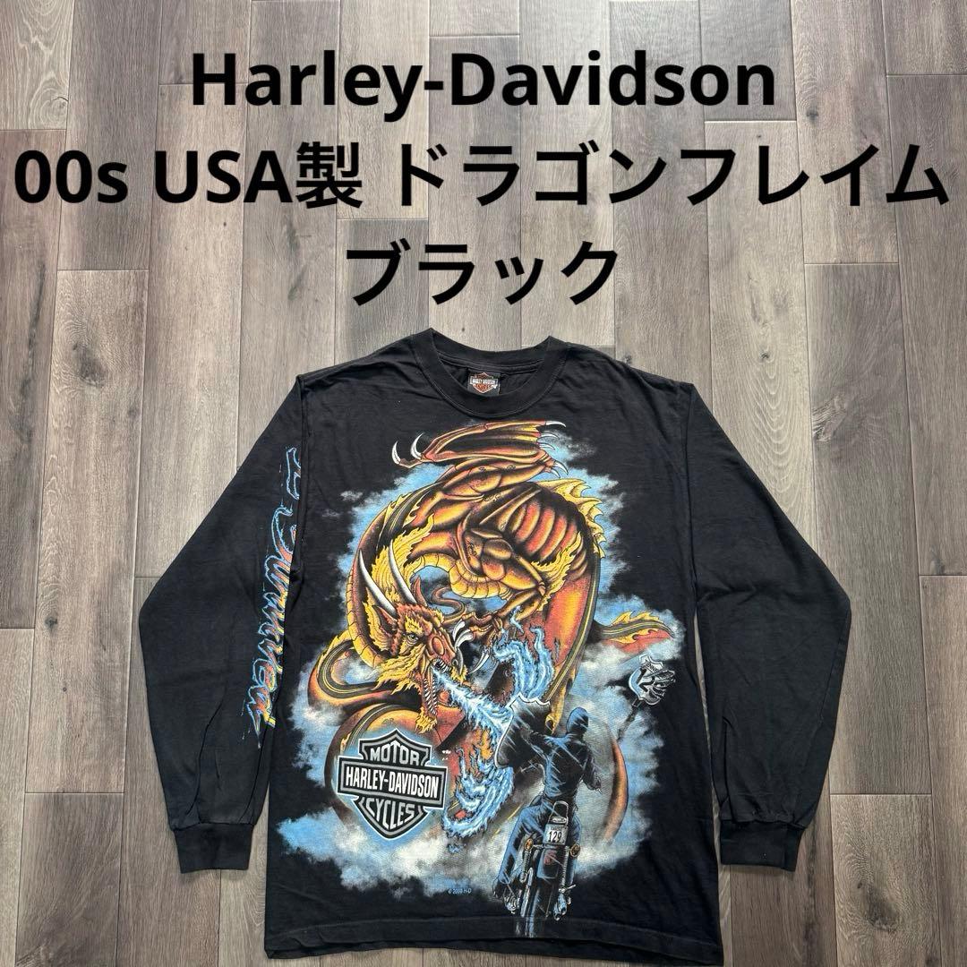 00sUSA製 ハーレーダビッドソン ブラック ドラゴン ブルーフレイム ロンT