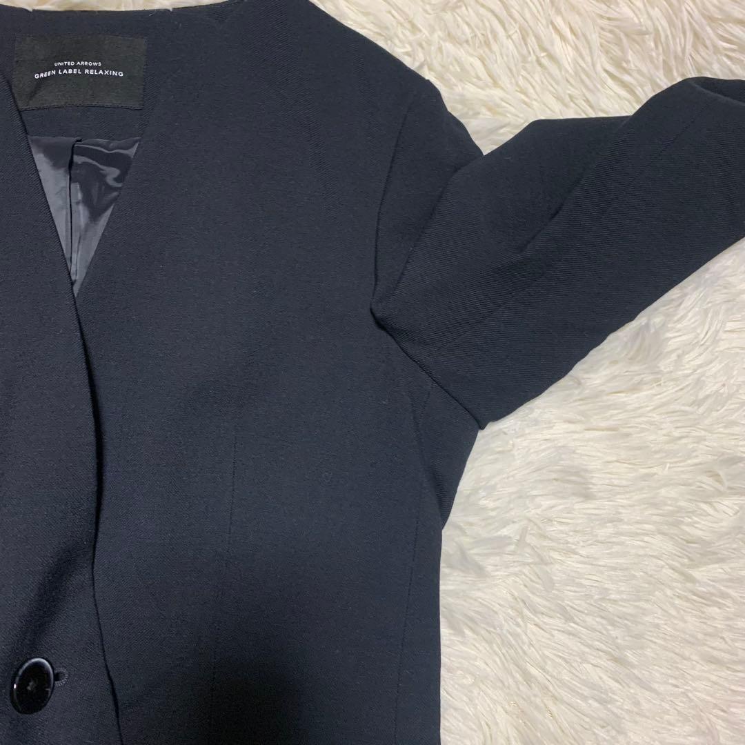 グリーンレーベルリラクシング パンツスーツ ノーカラー ダークネイビー L M紺