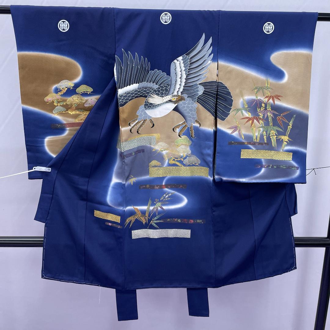 Y★4001★ 七五三 男の子 着物 かけ着 男児 一つ身 黒 紋入り