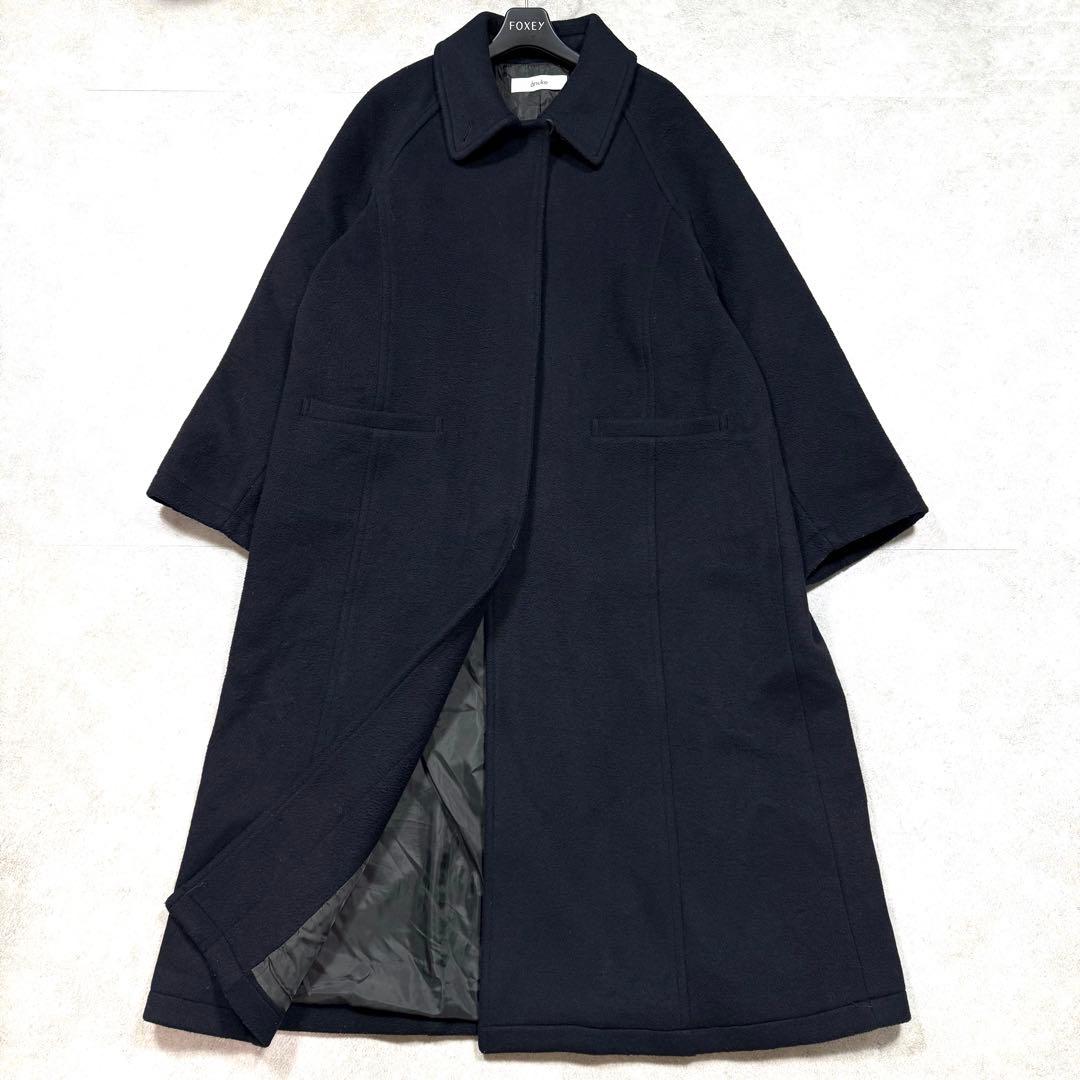 美品/2024年♡アンヌーク ウールステンカラーコート ロング 比翼 濃紺 36