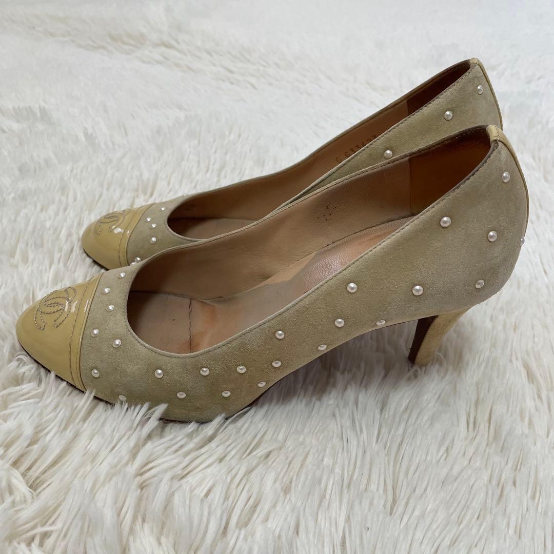 希少 シャネル ココマーク パール パンプス ベージュ 38C レディース