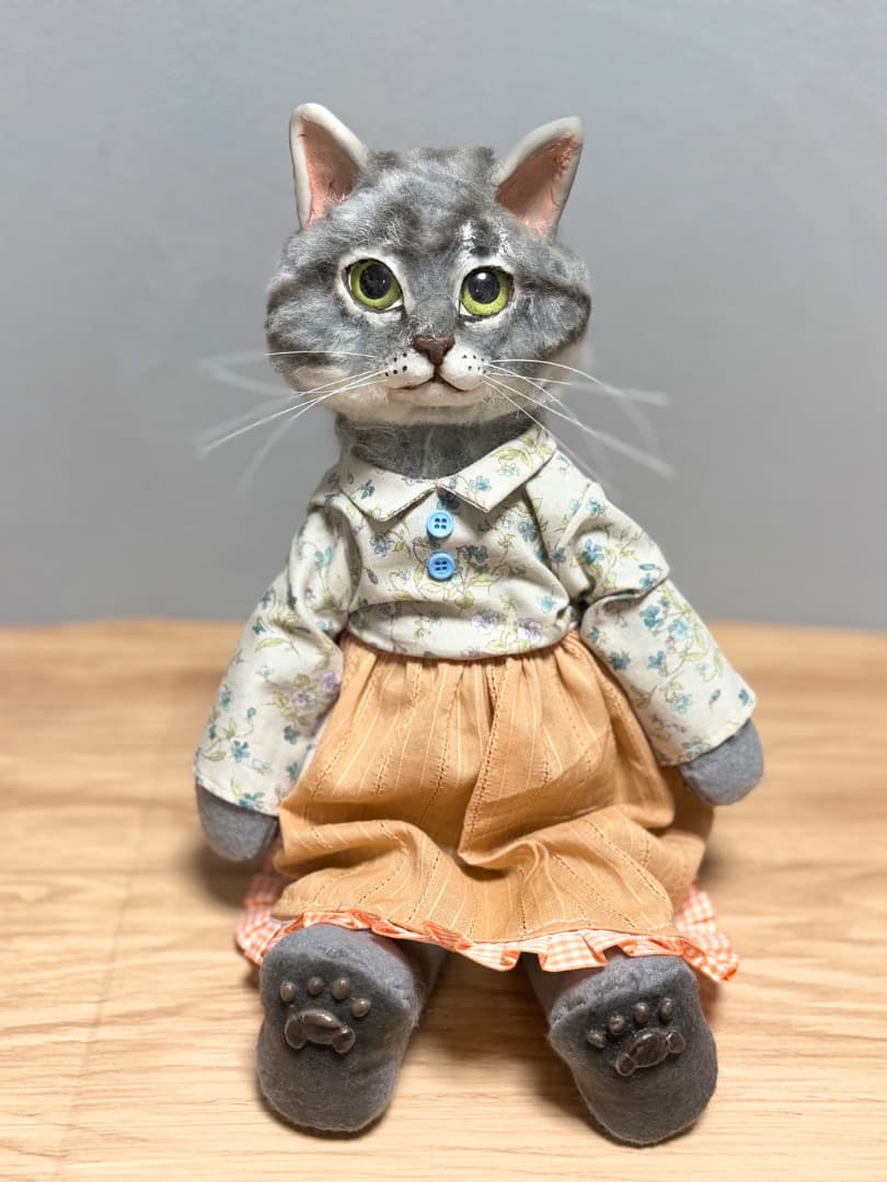 A オレンジスカートサバトラ猫ドール【ハンドメイド】猫　ぬいぐるみ　羊毛フェルト