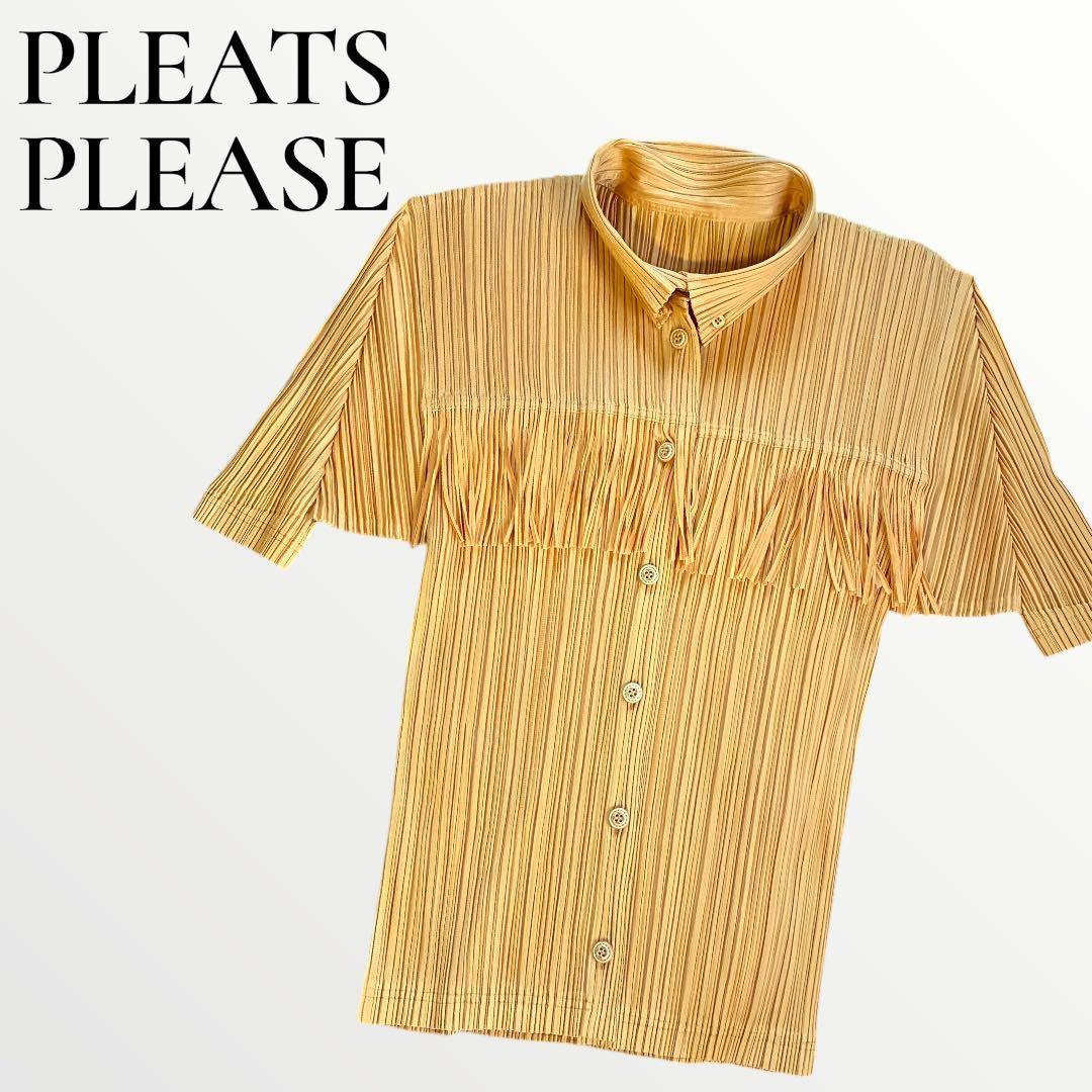 PLEATS PLEASE イッセイミヤケ　プリーツ半袖シャツ　フリンジ L