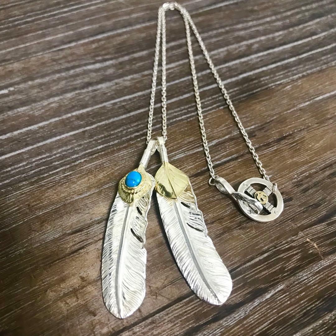 silver925 金縄 ターコイズ 上金ハート フェザーネックレス