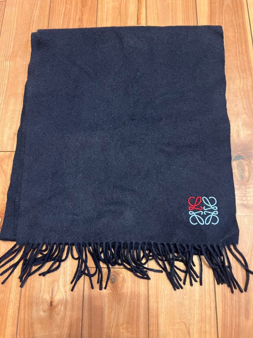 LOEWE ロエベ ネイビーウールマフラー フリンジ付き