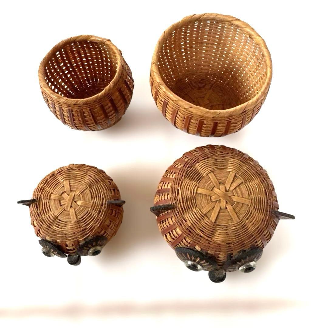 フクロウ 竹細工 小物入れ 2点セット レトロ 縁起物