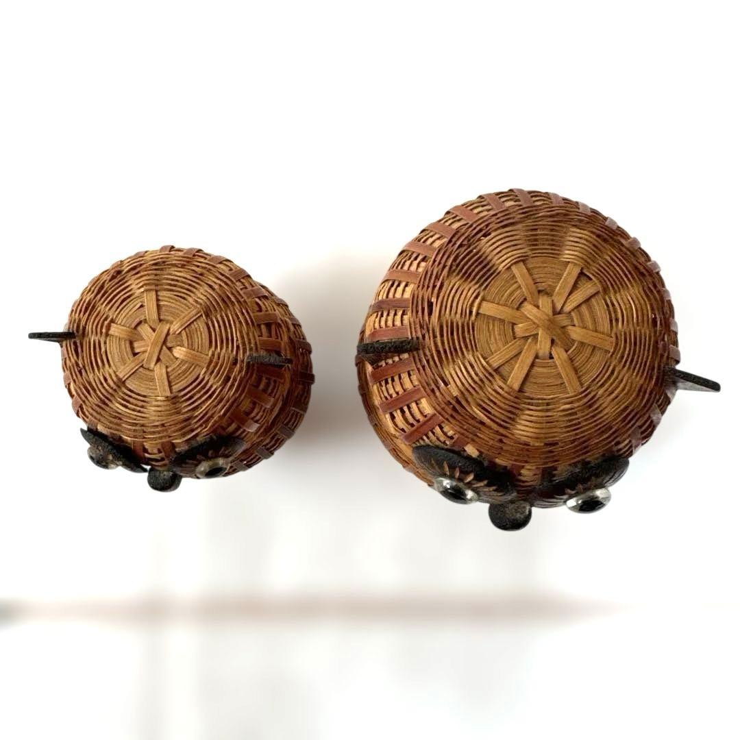 フクロウ 竹細工 小物入れ 2点セット レトロ 縁起物