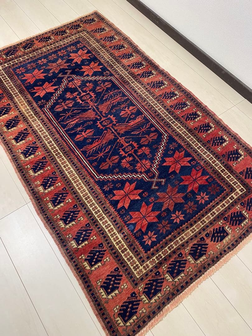 ヴィンテージ＊手織り　ラグ ネイビーブルーオレンジ