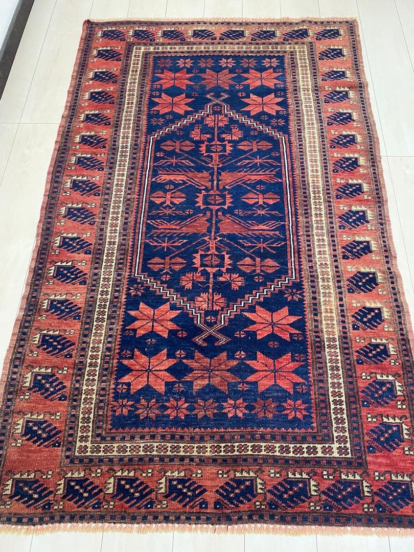 ヴィンテージ＊手織り　ラグ ネイビーブルーオレンジ