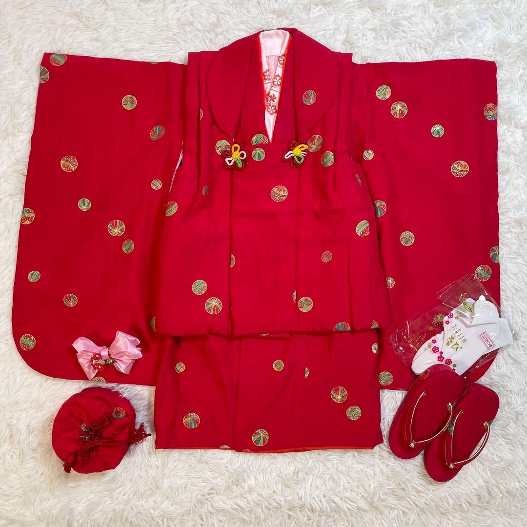 七五三　3歳　女の子　正絹　フルセット　被布コート　着物　赤　アンティーク