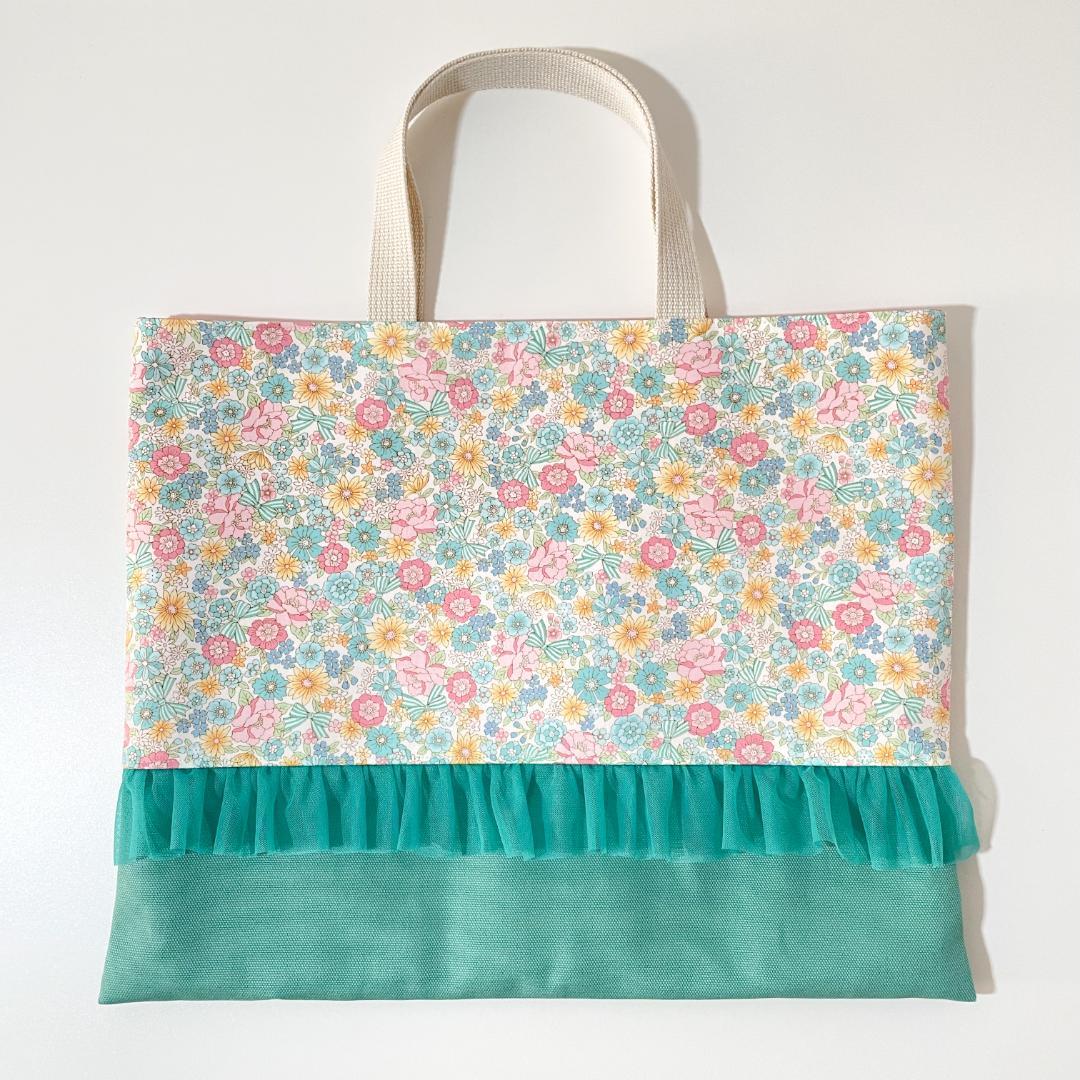 F3-ミント花柄フリル　女の子　レッスンバッグ体操着袋上履き入れ　入園入学セット