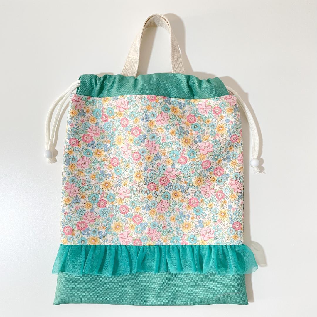 F3-ミント花柄フリル　女の子　レッスンバッグ体操着袋上履き入れ　入園入学セット