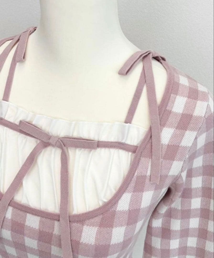 ハニーミュウ　ストラップリボンギンガムチェックトップス　ピンク