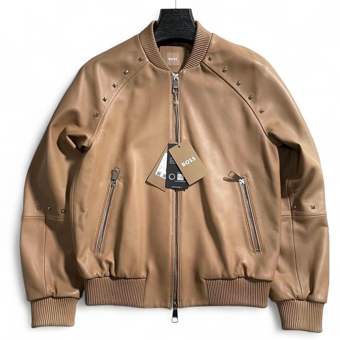 未使用 ヒューゴボス ラムレザージャケット スタッズ ブルゾン 裏地 総柄