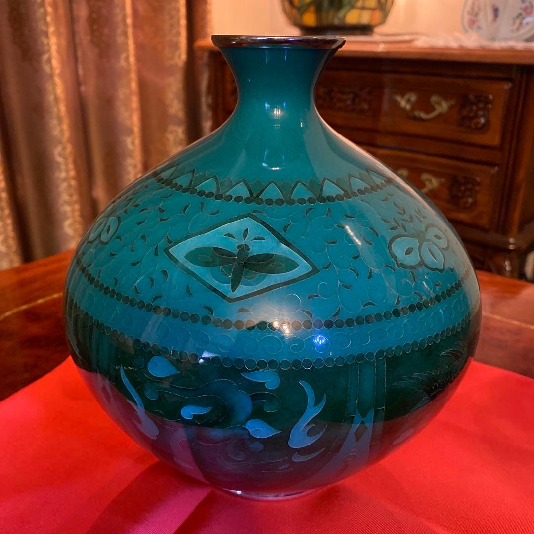 有線　七宝焼　有線七宝　翡翠　花瓶　壺　ツボ