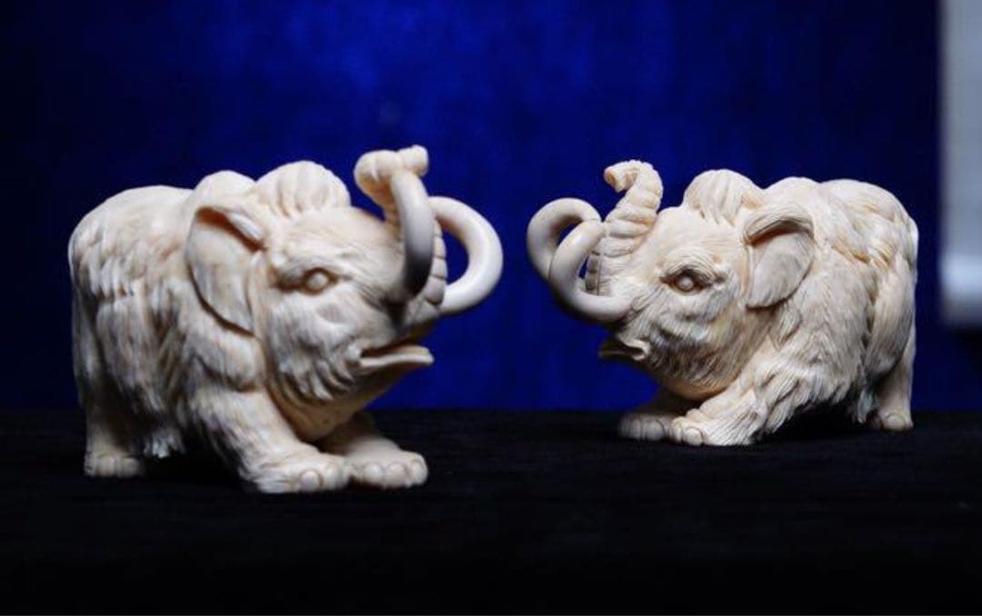 天然マンモス牙美しい手作り彫刻吉象対称 置物