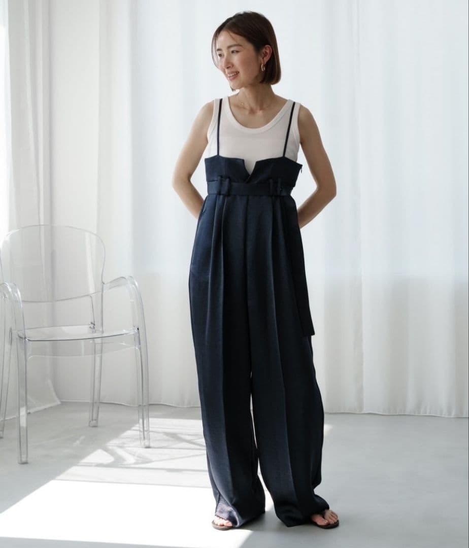 美品roughlow satin wide salopette navy