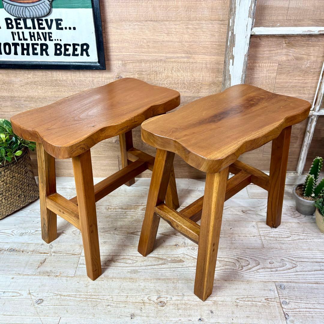 オールドチーク天然無垢材ベンチスツールワイド2点セットサイドテーブル飾り台置き台