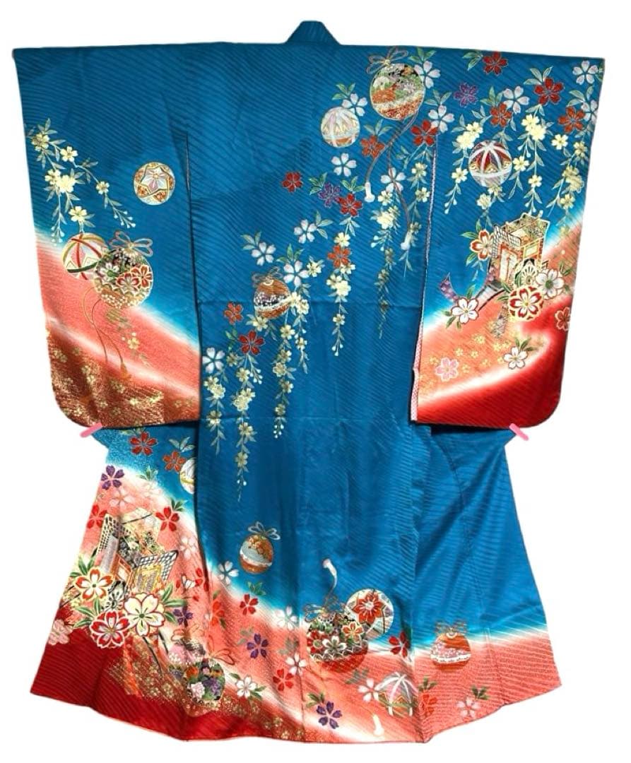 七五三　7歳　四つ身着物、長襦袢セット　濃いスカイブルー　正絹