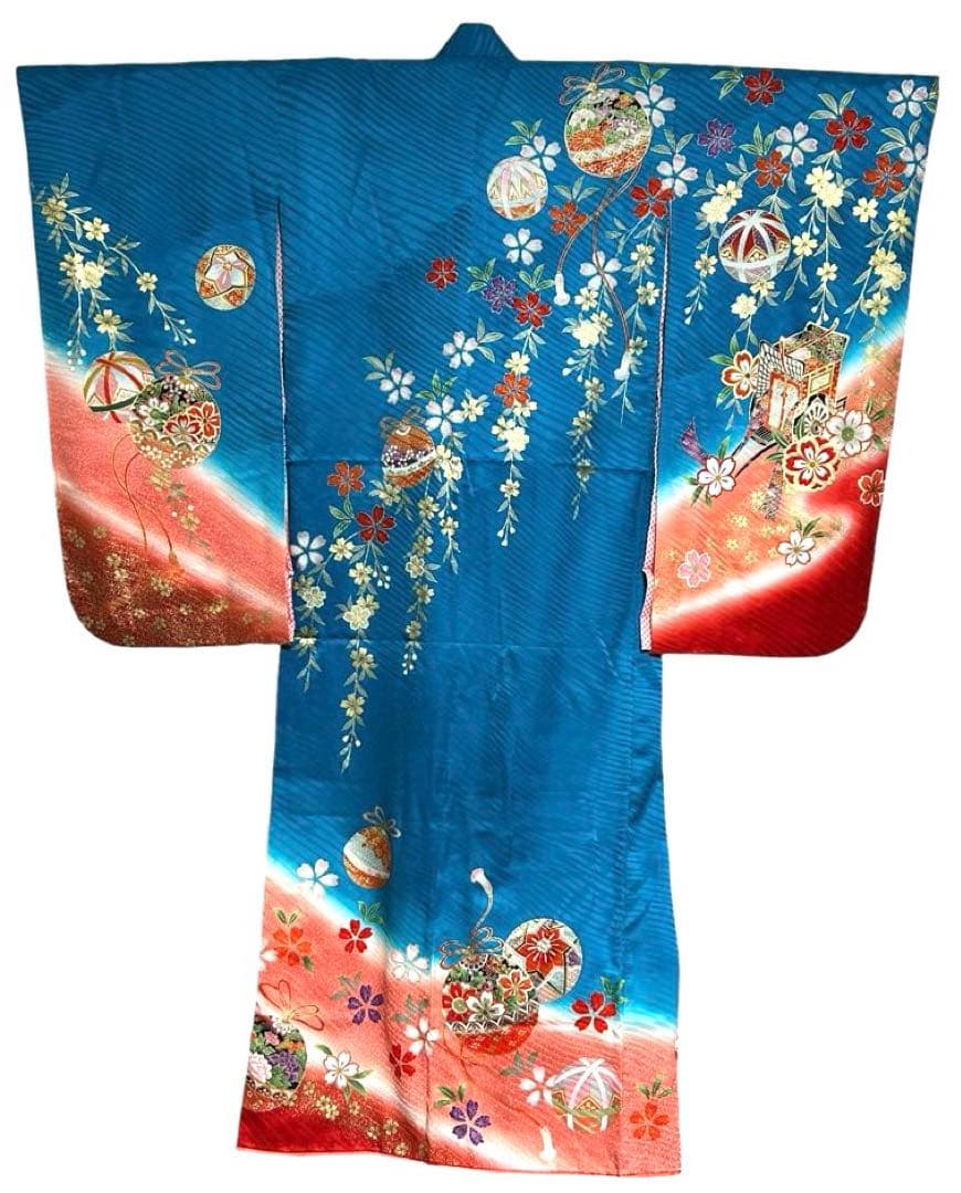 七五三　7歳　四つ身着物、長襦袢セット　濃いスカイブルー　正絹