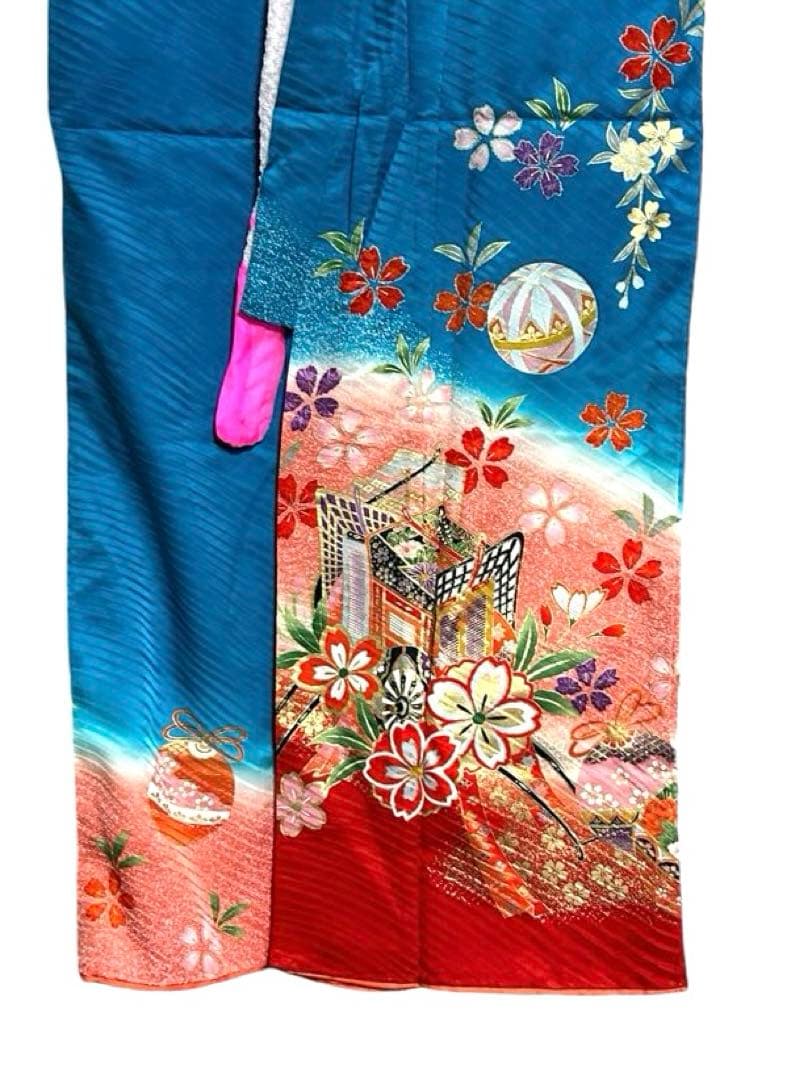 七五三　7歳　四つ身着物、長襦袢セット　濃いスカイブルー　正絹