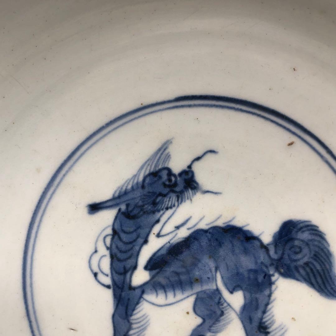 江戸時代古伊万里キリン麒麟染付け鉢ボウル21.5cm伊万里焼骨董品木箱付き