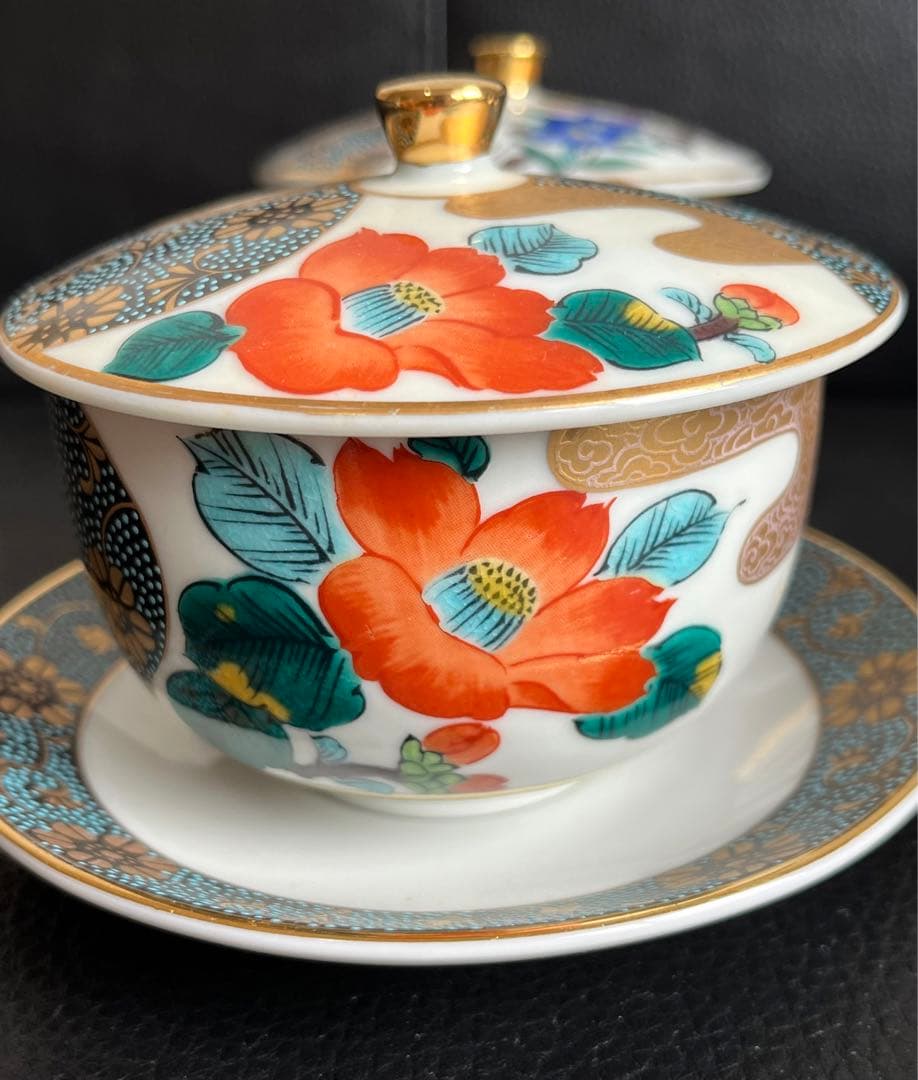 モモ九谷焼 高級 昇竜 蓋付き湯呑み茶碗 6客