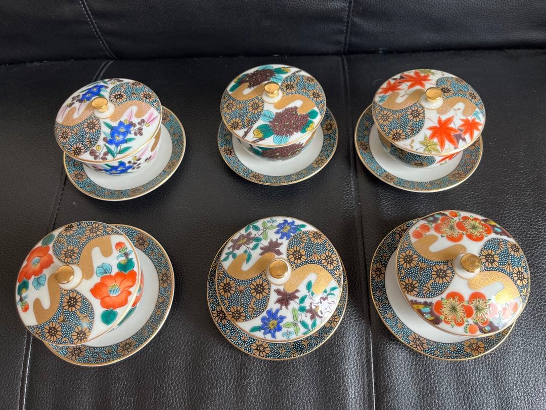 モモ九谷焼 高級 昇竜 蓋付き湯呑み茶碗 6客