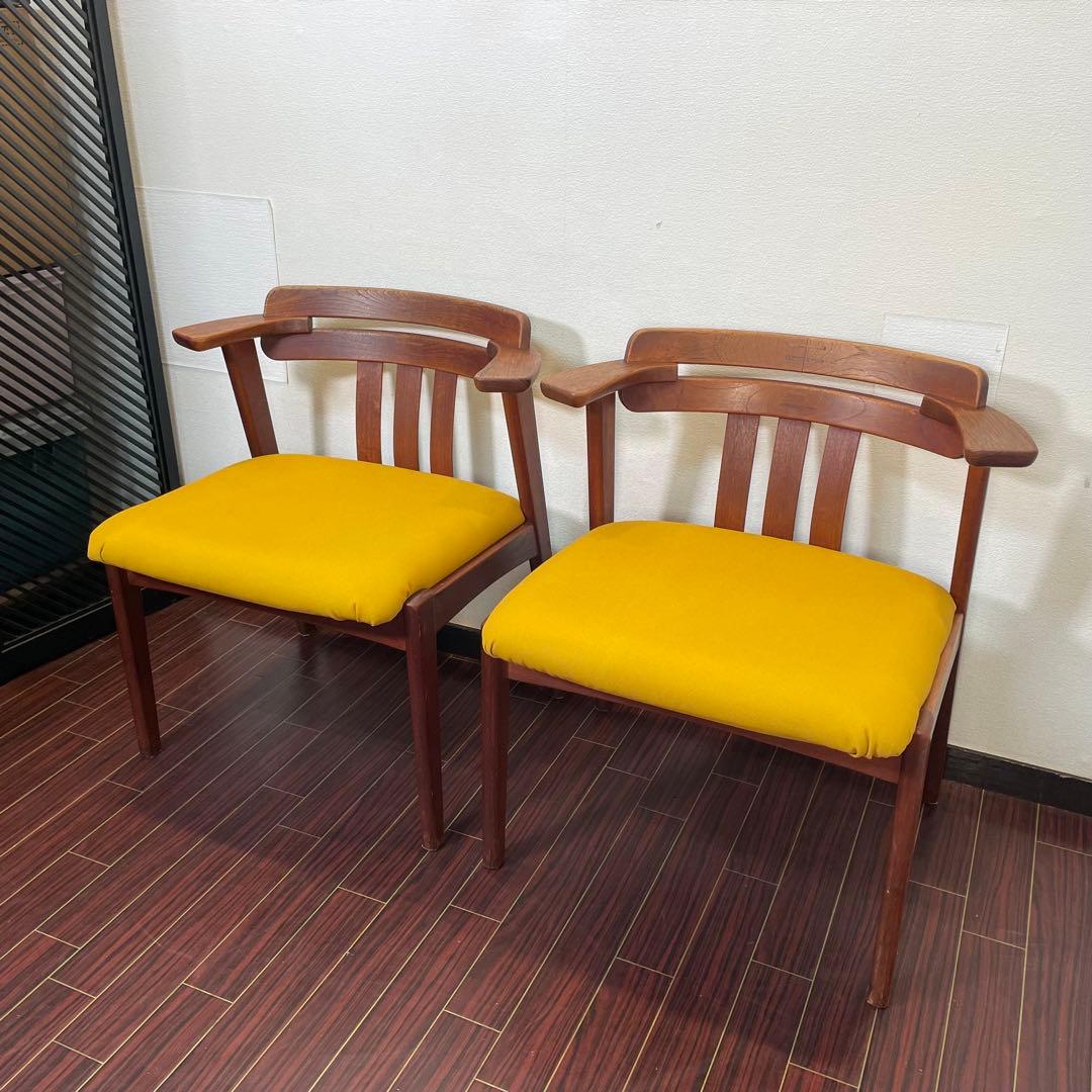 座面新品張替え済み ビンテージ アームチェア 2脚セット チーク材