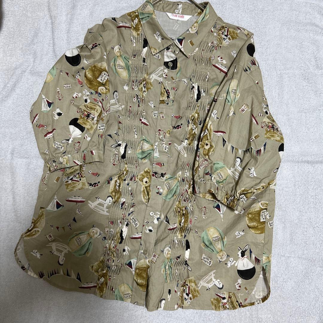 PINK HOUSE プリント柄 半袖シャツ　動物プリント　ベージュ