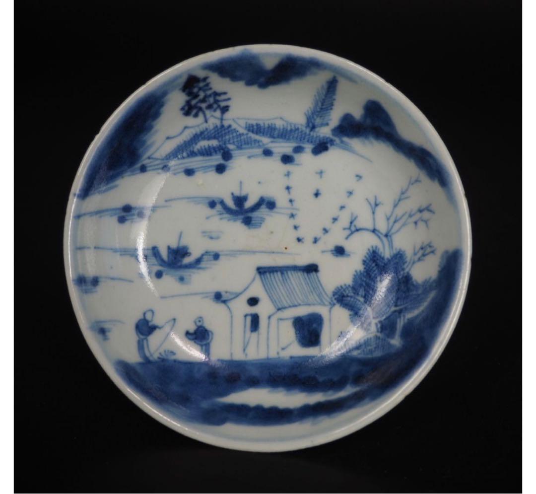 送料無料　本物保証　清時代　新渡染付山水文手塩皿/小皿８枚　共箱