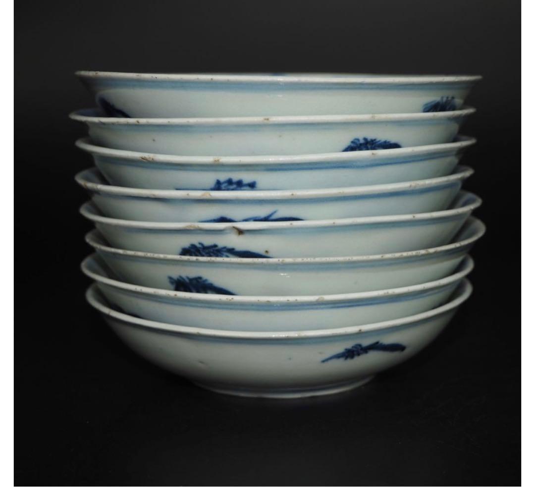 送料無料　本物保証　清時代　新渡染付山水文手塩皿/小皿８枚　共箱