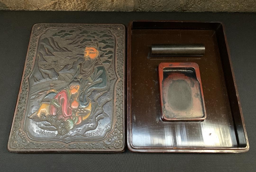 中国 骨董 硯 文鎮 箱 彫刻 書道 古 道具 文箱 漆 筆入 時代 美術