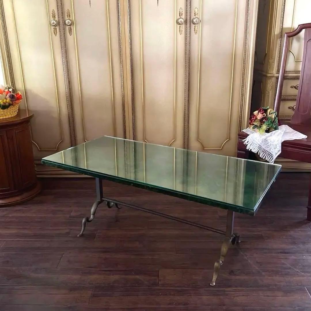 k115r118 アンティークグリーンのセンターテーブル ガラス天板 真鍮脚