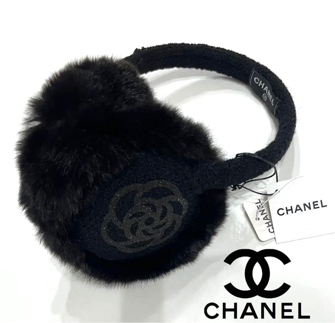 シャネル☆イヤーマフ 耳当て ココマーク ラインストーン カメリア ロゴ 黒