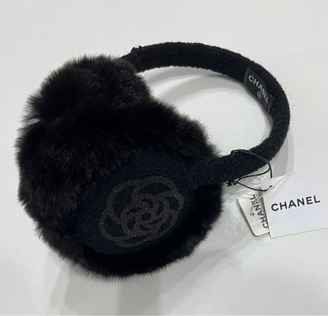 シャネル☆イヤーマフ 耳当て ココマーク ラインストーン カメリア ロゴ 黒