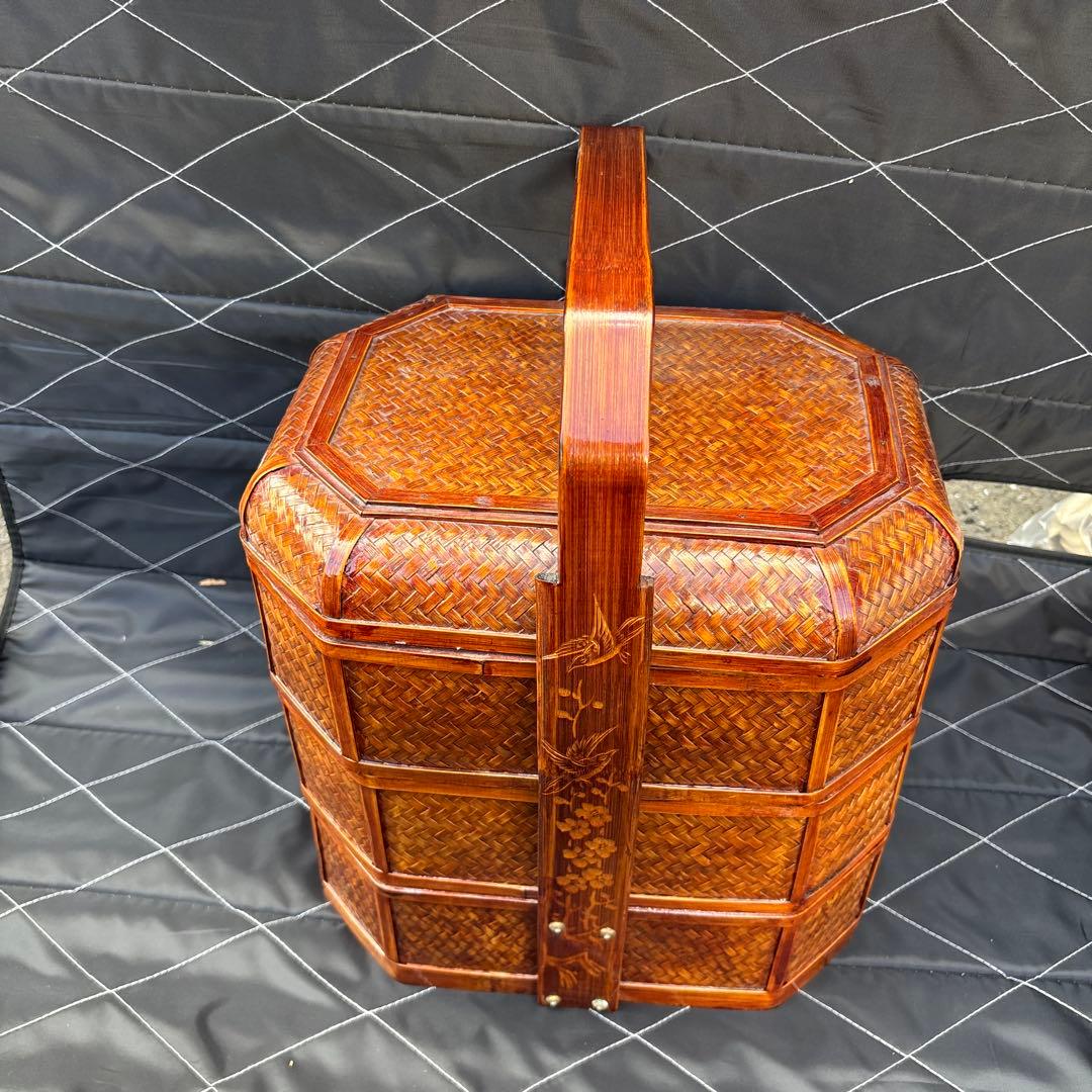 3段　竹細工？　アンティーク　収納ケース