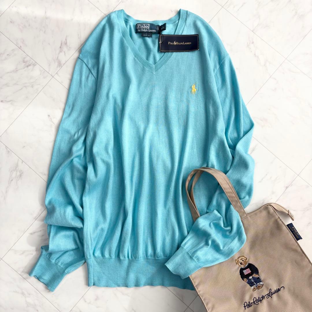 新品【ラルフローレン】Vネックニット　ポニーロゴ　薄手　コットン　水色　Y2K