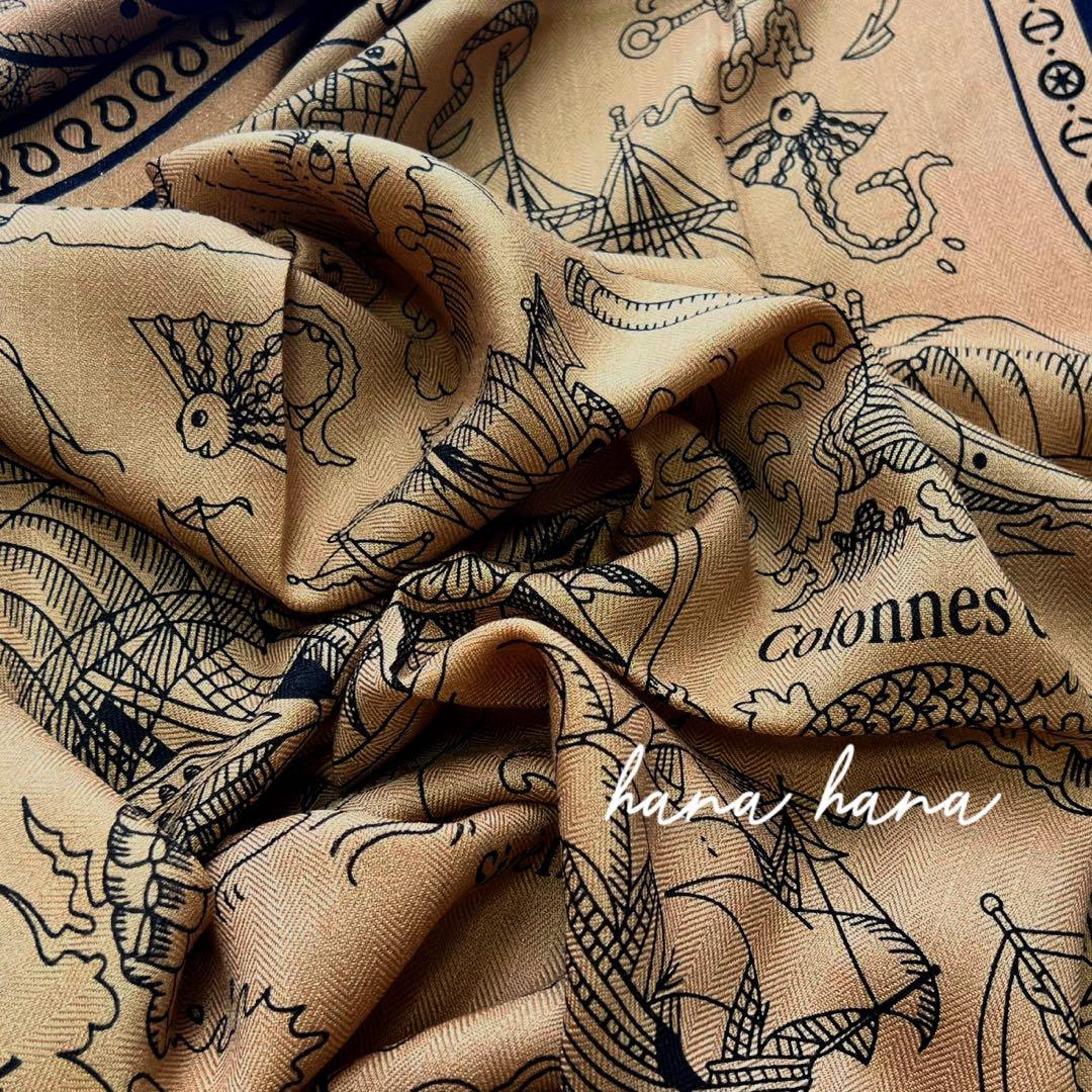 大判 ウール シルク ストール 羽織り ネイビー 紺 ブラウン キャメル 130