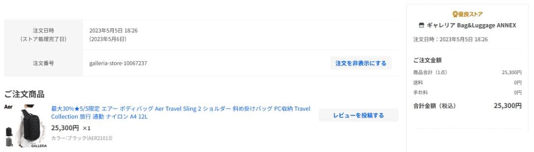 Aer Travel Sling 2（国内ショップで購入した正規品）